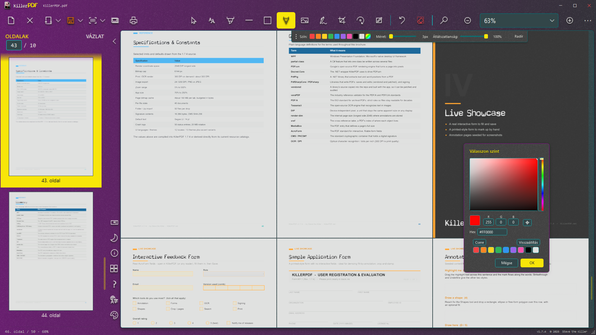 KillerPDF showing its drawing controls, custom color picker, and interactive form pages in Grid view