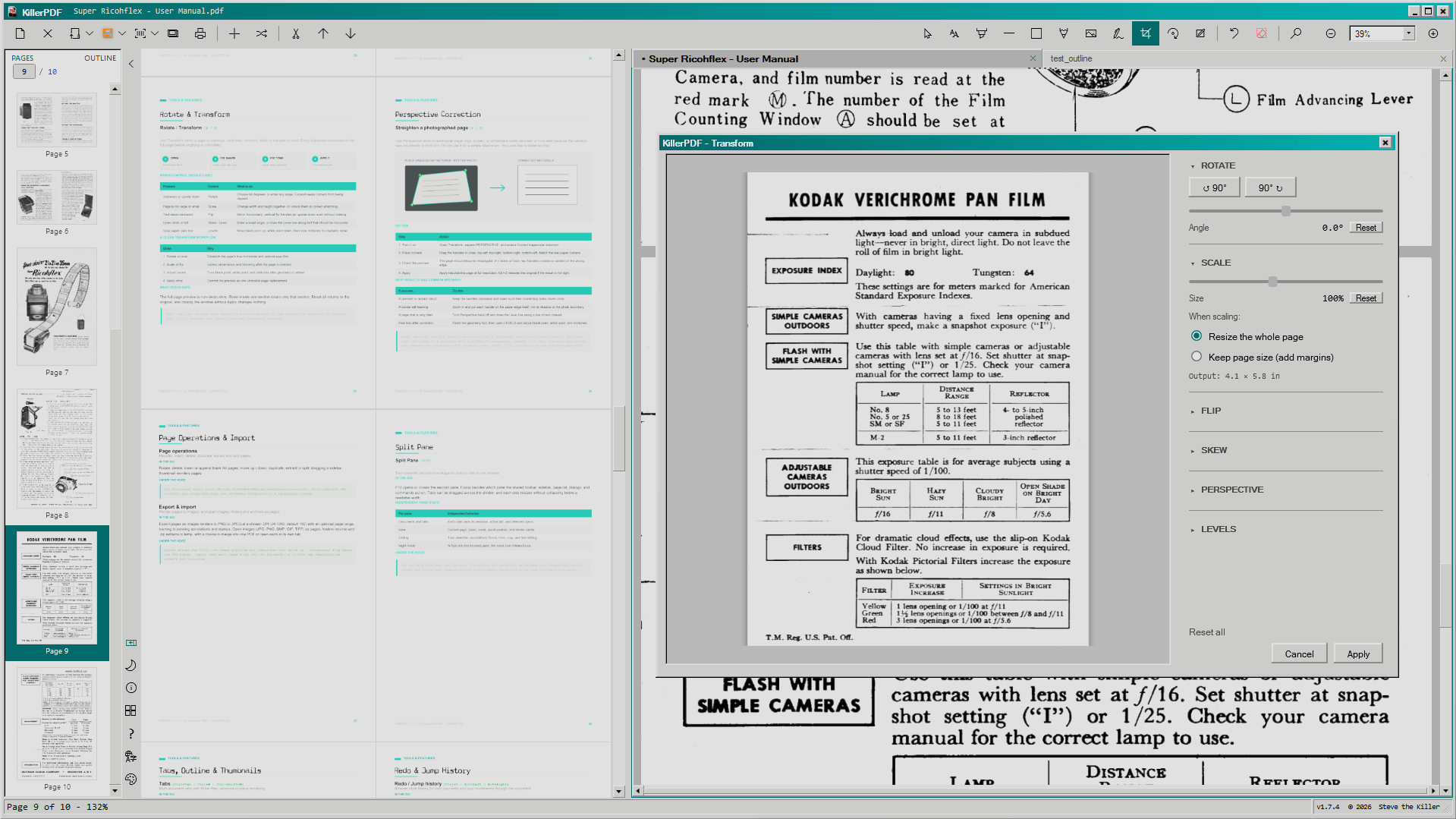 KillerPDF using split-pane view with a 98SE-themed Transform preview open over a scanned camera manual